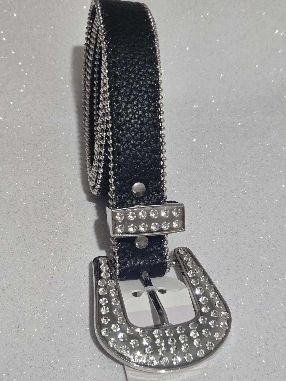 Black Crystal Accent Women’s Belt with Silver Buckle